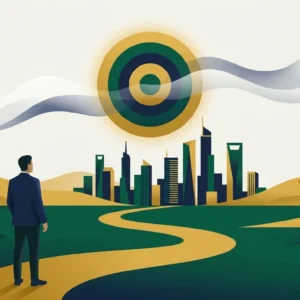 Professional on a path facing a Saudi city skyline with a target partly hidden by clouds of uncertainty