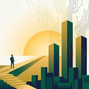 Illustration of three tall pillars rising before a sunrise over a modern city, symbolizing the three themes of Vision 2030 and the digital economy