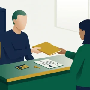 Medical records clerk handing a patient their record folder at a counter after an identity check